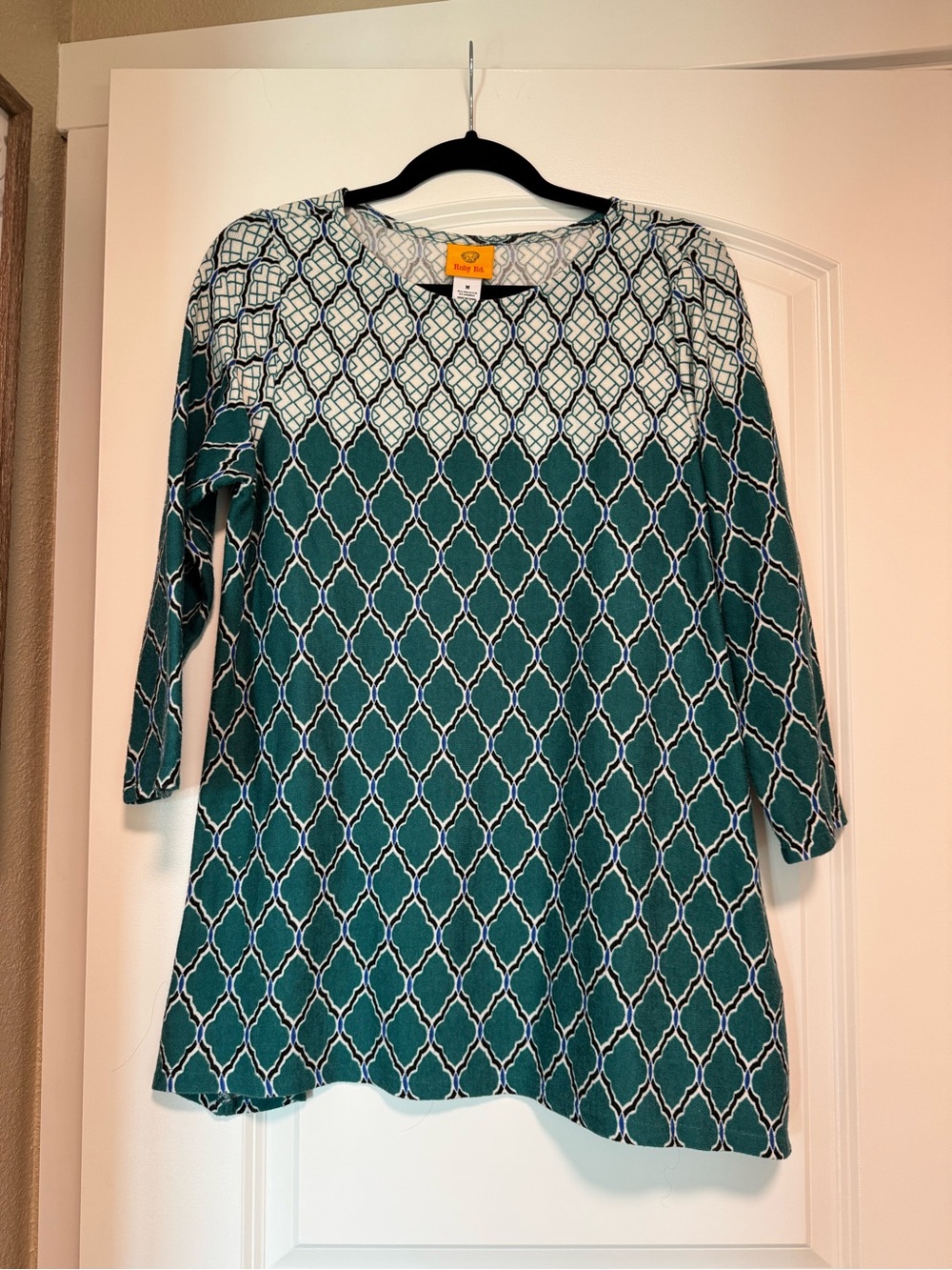 Ruby Rd. Teal and White Geometric 3/4 Sleeve Tunic